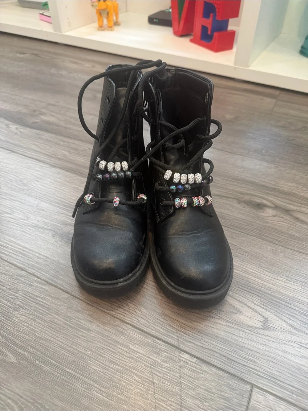art class Black Kids Lace-Up Combat Boots with Bead Accents